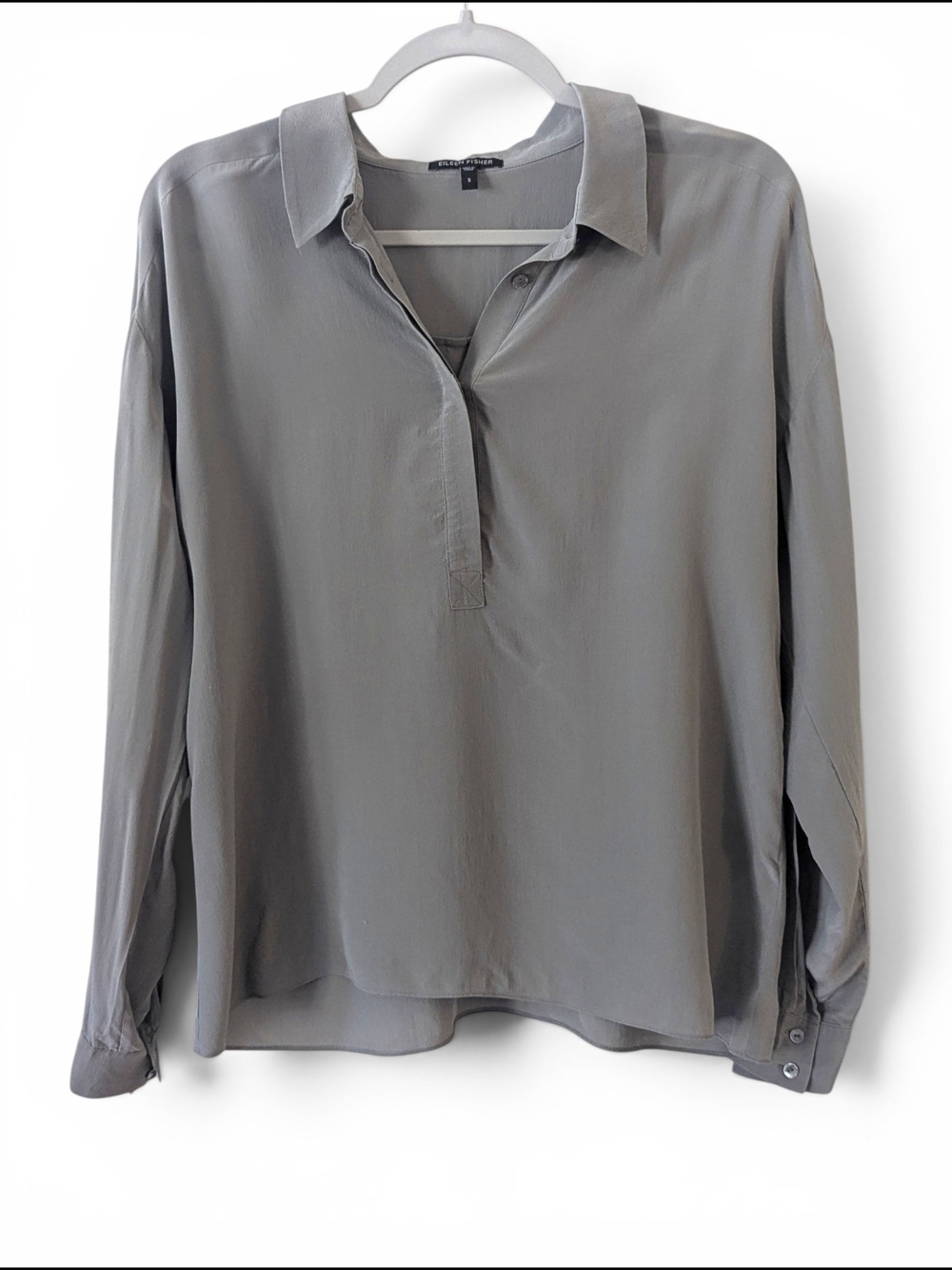 Eileen Fisher 100% Silk Grey Long-Sleeve Tunic Blouse